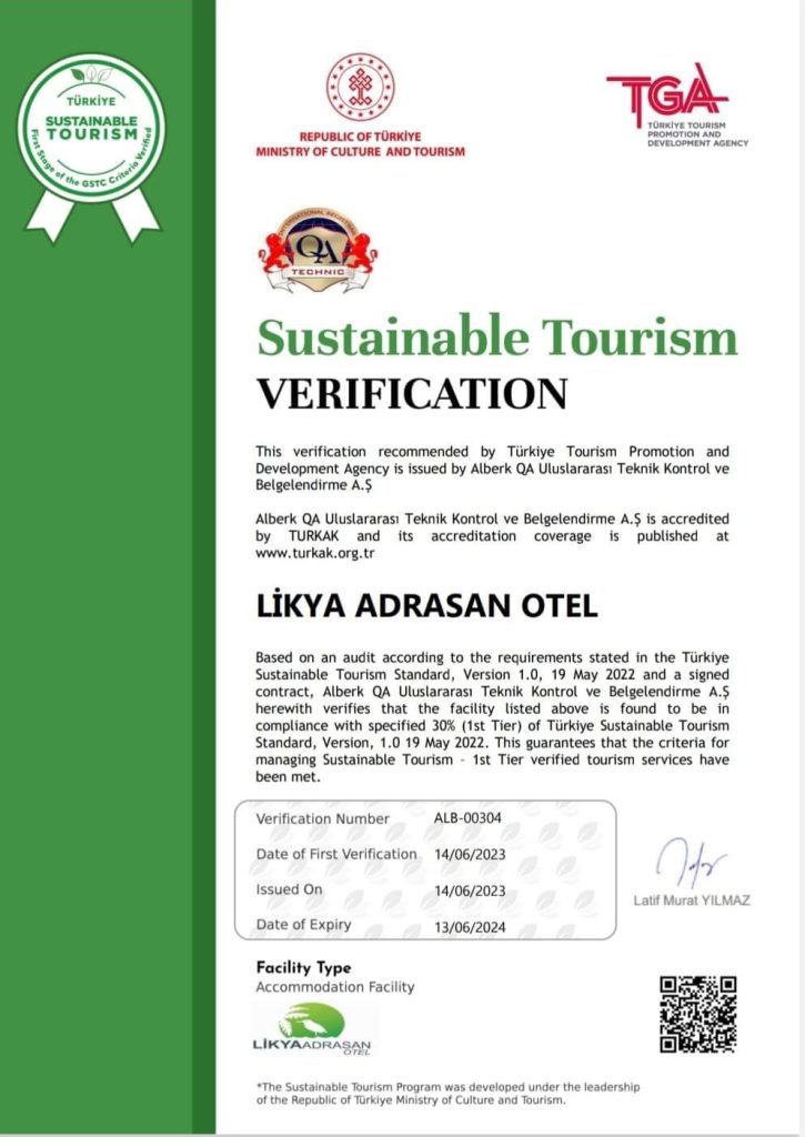 Likya Adrasan Otel Sürdürülebilir Turizm Sertifikası İngilizce